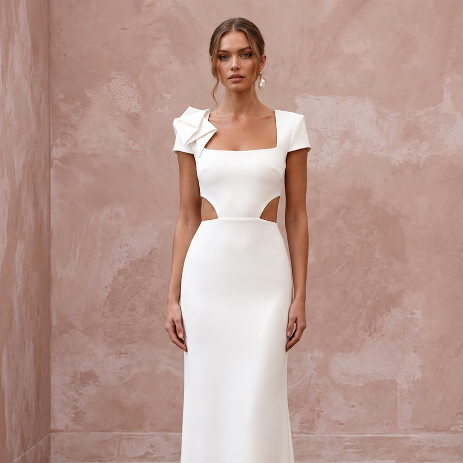Modern Ivory Crepe Column Bridal Gown with Cutouts for After-Party