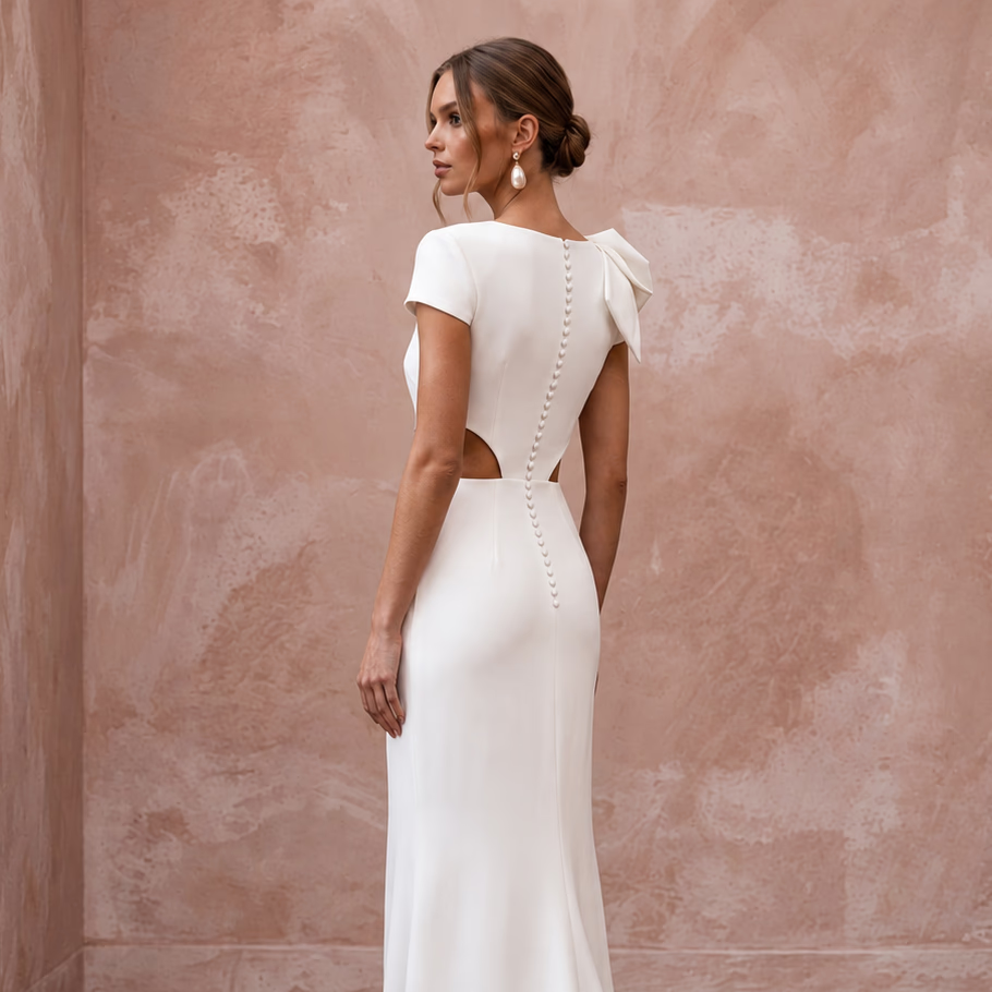 Modern Ivory Crepe Column Bridal Gown with Cutouts for After-Party