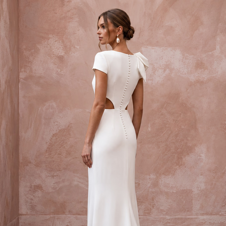 Modern Ivory Crepe Column Bridal Gown with Cutouts for After-Party