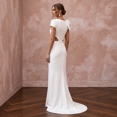 Modern Ivory Crepe Column Bridal Gown with Cutouts for After-Party