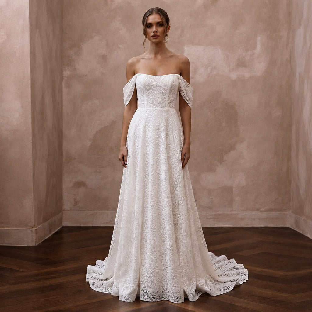Modern Lace A - Line Wedding Dress with Off - the - Shoulder Neckline - Apparel & Accessories > Clothing > Wedding & Bridal Party Dresses > Wedding Dresses - Mignonette Bridal