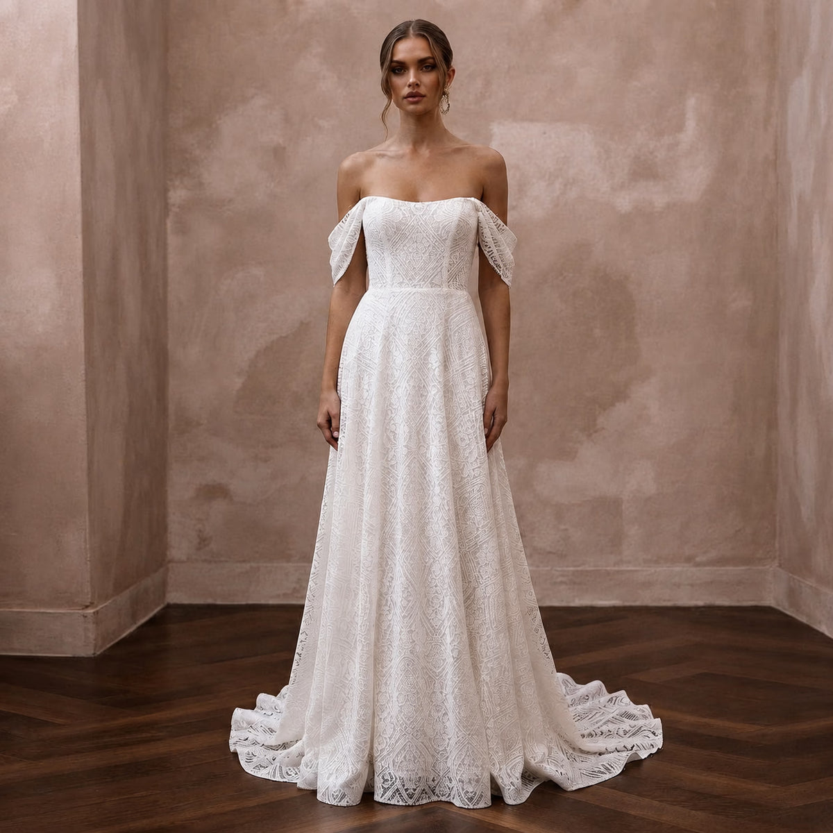Modern Lace A - Line Wedding Dress with Off - the - Shoulder Neckline - Apparel & Accessories > Clothing > Wedding & Bridal Party Dresses > Wedding Dresses - Mignonette Bridal
