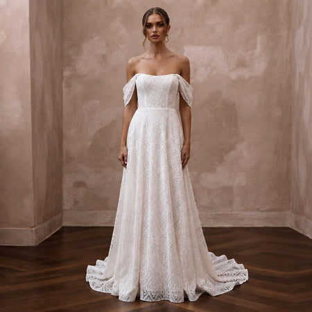 Modern Lace A - Line Wedding Dress with Off - the - Shoulder Neckline - Apparel & Accessories > Clothing > Wedding & Bridal Party Dresses > Wedding Dresses - Mignonette Bridal