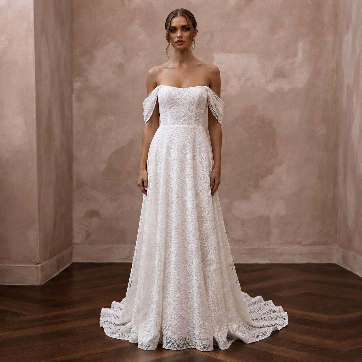 Modern Lace A-Line Wedding Dress with Off-the-Shoulder Neckline
