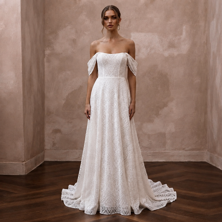 Modern Lace A-Line Wedding Dress with Off-the-Shoulder Neckline