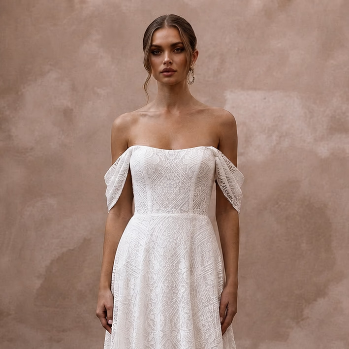 Modern Lace A - Line Wedding Dress with Off - the - Shoulder Neckline - Apparel & Accessories > Clothing > Wedding & Bridal Party Dresses > Wedding Dresses - Mignonette Bridal