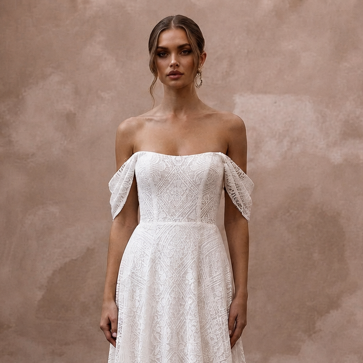 Modern Lace A-Line Wedding Dress with Off-the-Shoulder Neckline