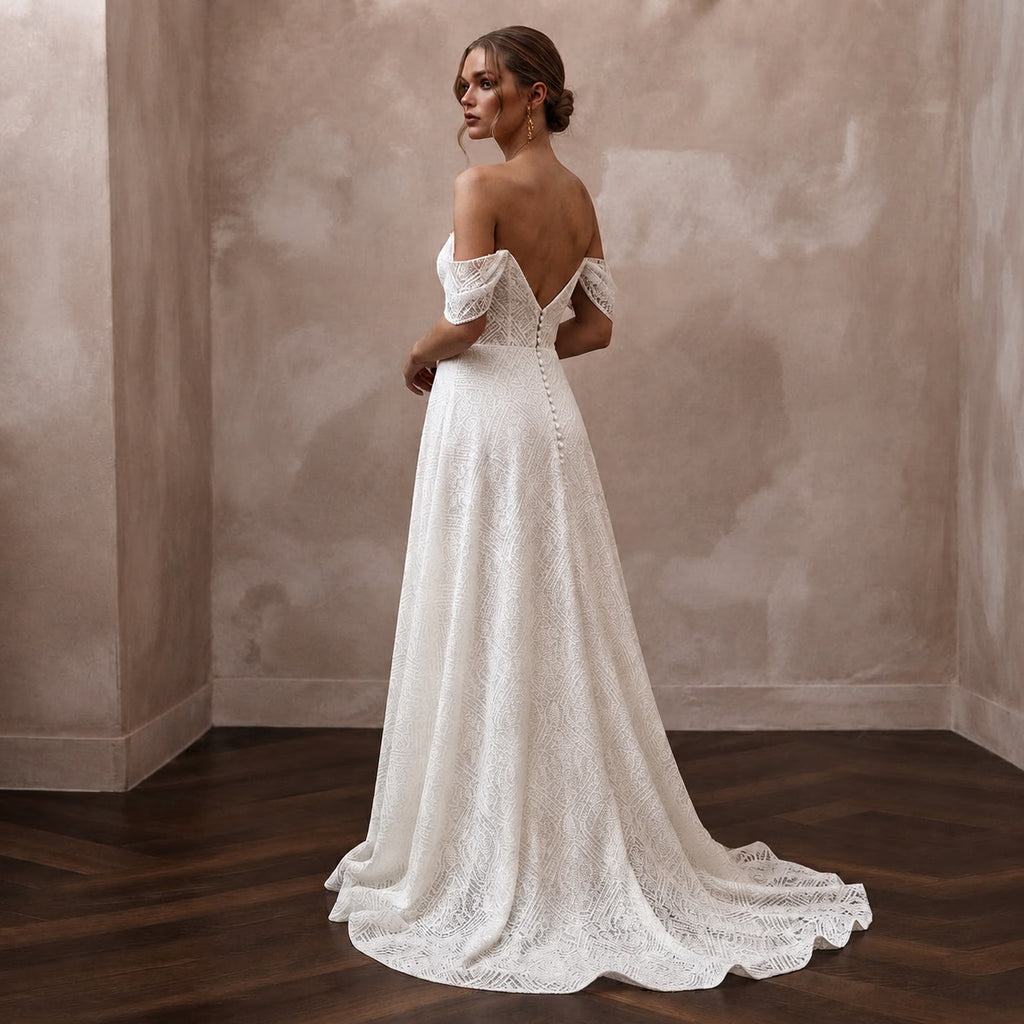 Modern Lace A - Line Wedding Dress with Off - the - Shoulder Neckline - Apparel & Accessories > Clothing > Wedding & Bridal Party Dresses > Wedding Dresses - Mignonette Bridal