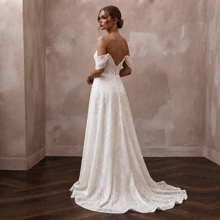 Modern Lace A - Line Wedding Dress with Off - the - Shoulder Neckline - Apparel & Accessories > Clothing > Wedding & Bridal Party Dresses > Wedding Dresses - Mignonette Bridal