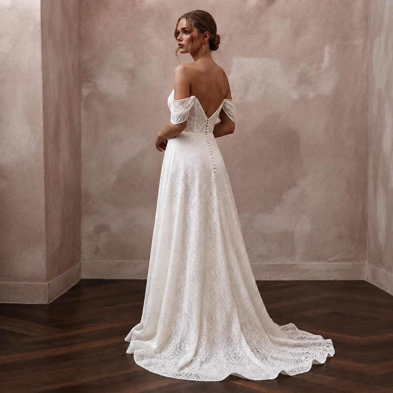 Modern Lace A-Line Wedding Dress with Off-the-Shoulder Neckline