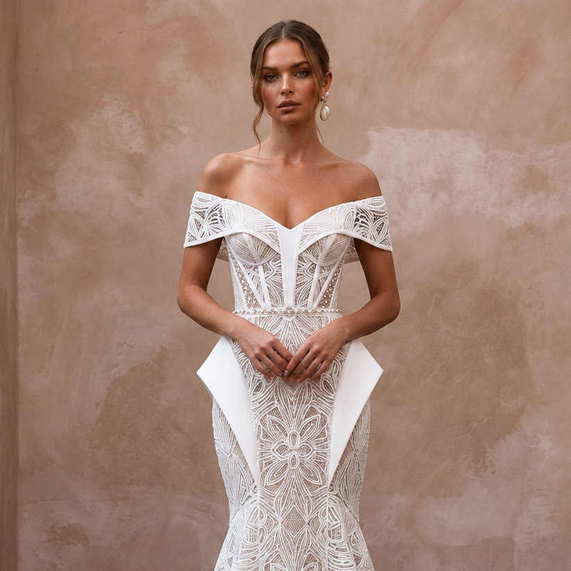 Modern Lace Bridal Dress for a City Hall Elopement - Apparel & Accessories > Clothing > Wedding & Bridal Party Dresses > Wedding Dresses - Mignonette Bridal