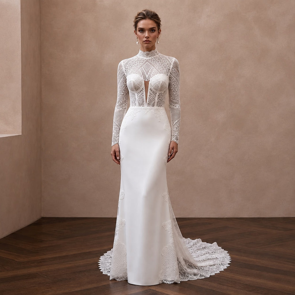 Modern Lace Bridal Dress for a Private Wedding Ceremony - Apparel & Accessories > Clothing > Wedding & Bridal Party Dresses > Wedding Dresses - Mignonette Bridal