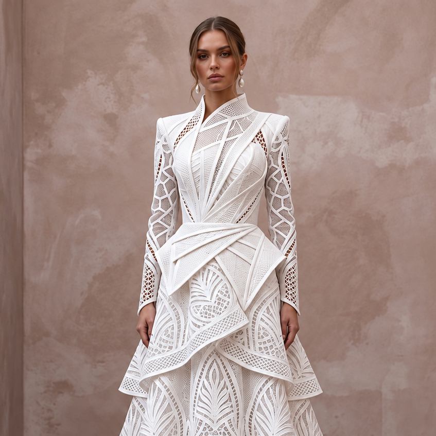 Modern Lace Bridal Dress with Architectural Bodice