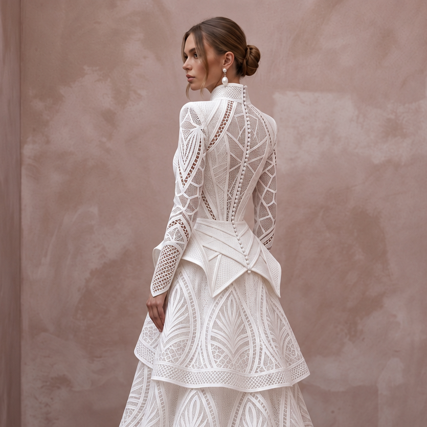 Modern Lace Bridal Dress with Architectural Bodice