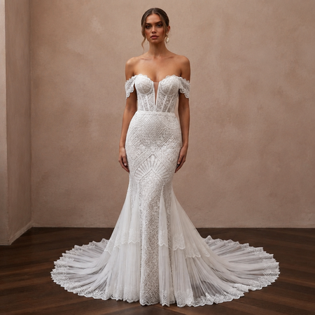 Modern Lace Mermaid Wedding Dress with Off-the-Shoulder Neckline