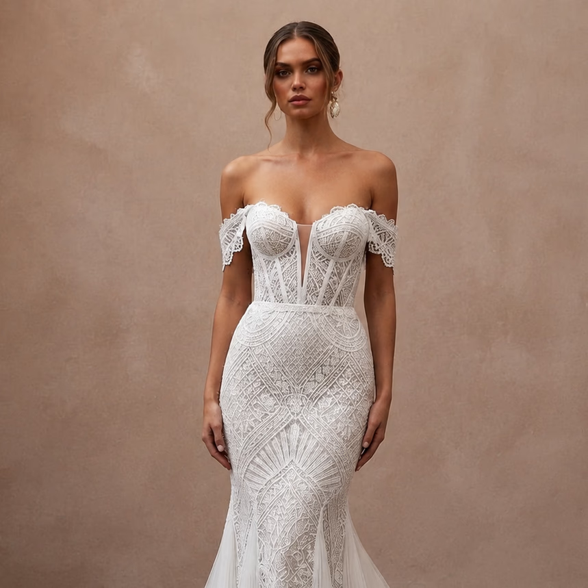 Modern Lace Mermaid Wedding Dress with Off - the - Shoulder Neckline - Apparel & Accessories > Clothing > Wedding & Bridal Party Dresses > Wedding Dresses - Mignonette Bridal
