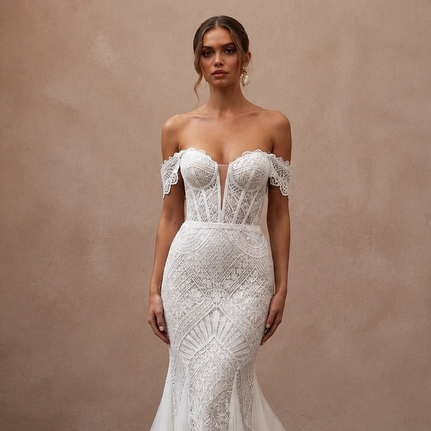 Modern Lace Mermaid Wedding Dress with Off-the-Shoulder Neckline