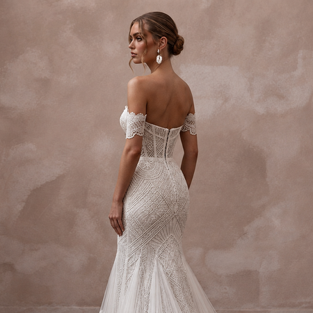 Modern Lace Mermaid Wedding Dress with Off-the-Shoulder Neckline