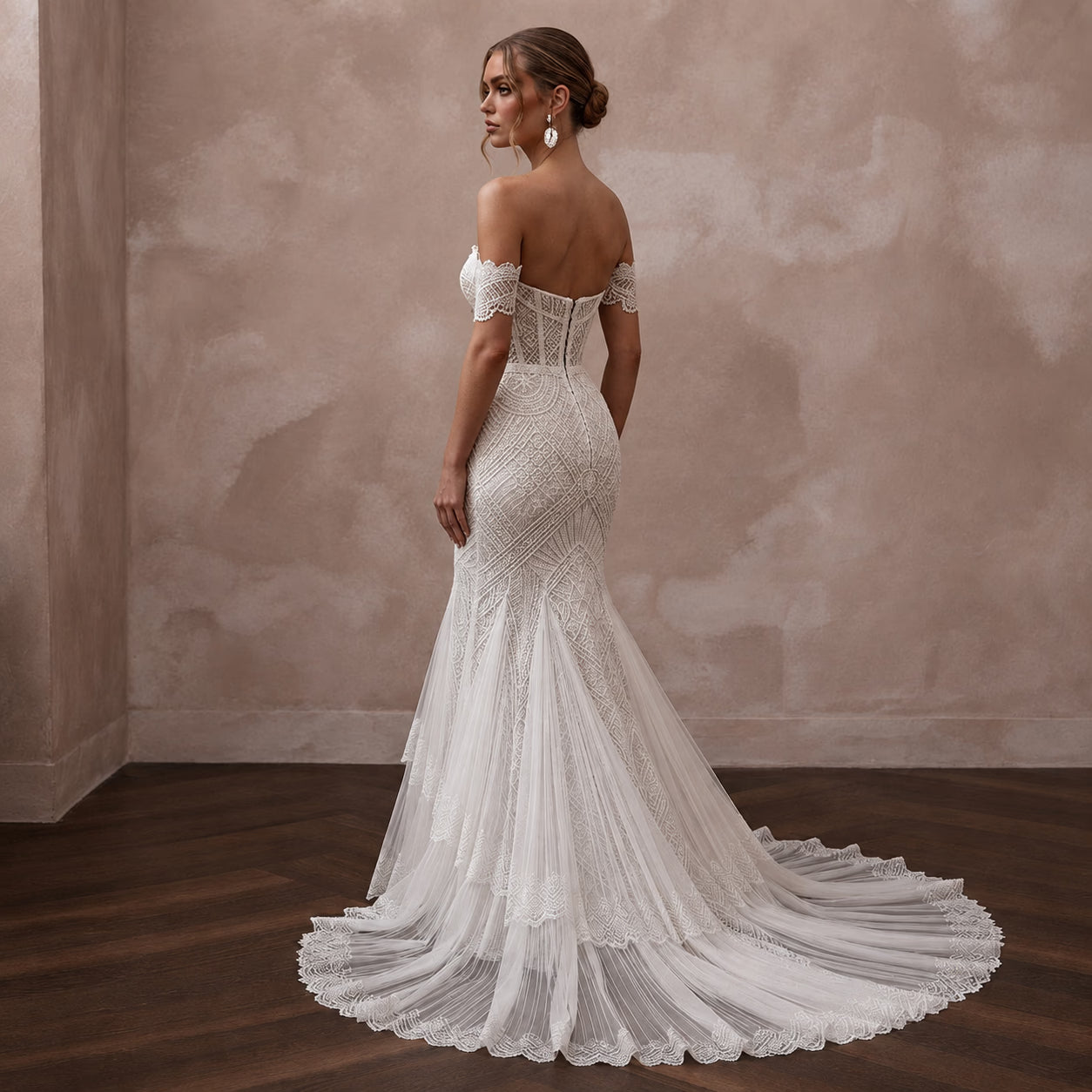 Modern Lace Mermaid Wedding Dress with Off-the-Shoulder Neckline Secondary image