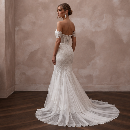 Modern Lace Mermaid Wedding Dress with Off-the-Shoulder Neckline