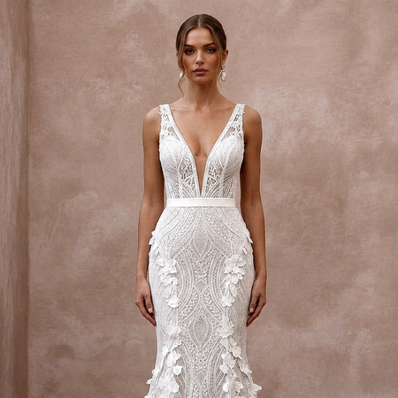 Modern Lace Trumpet Wedding Dress with V - Neck - Apparel & Accessories > Clothing > Wedding & Bridal Party Dresses > Wedding Dresses - Mignonette Bridal