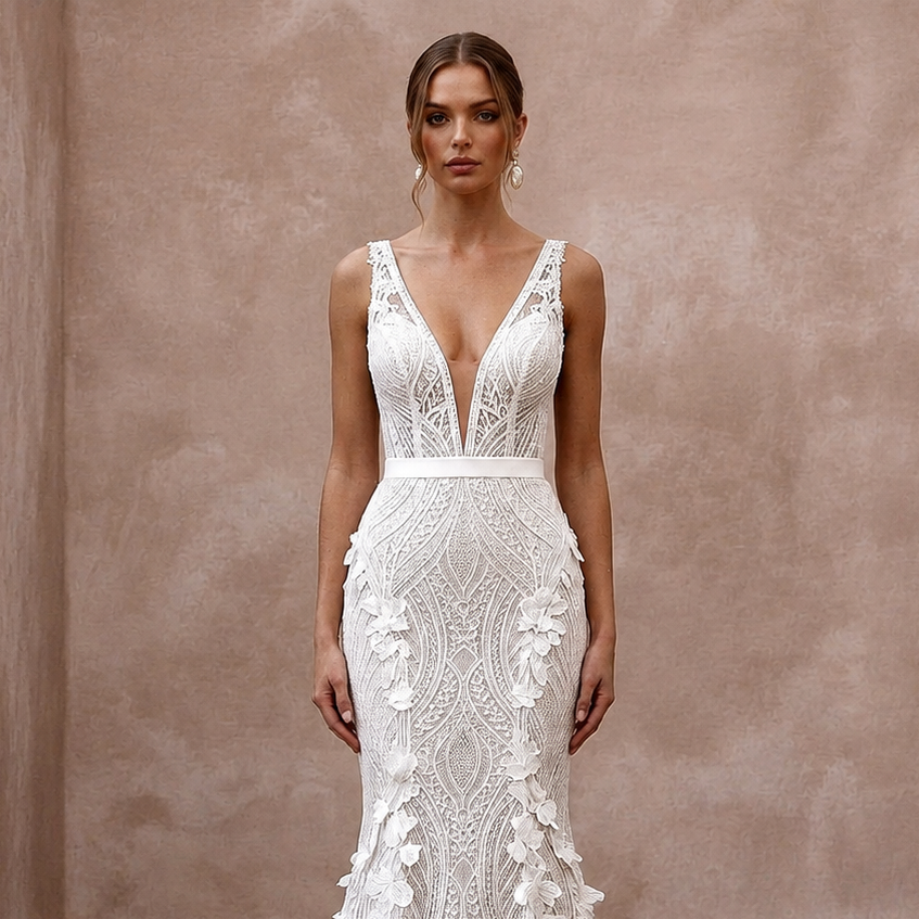 Modern Lace Trumpet Wedding Dress with V - Neck - Apparel & Accessories > Clothing > Wedding & Bridal Party Dresses > Wedding Dresses - Mignonette Bridal