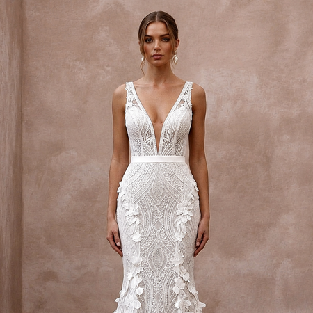 Modern Lace Trumpet Wedding Dress with V - Neck - Apparel & Accessories > Clothing > Wedding & Bridal Party Dresses > Wedding Dresses - Mignonette Bridal