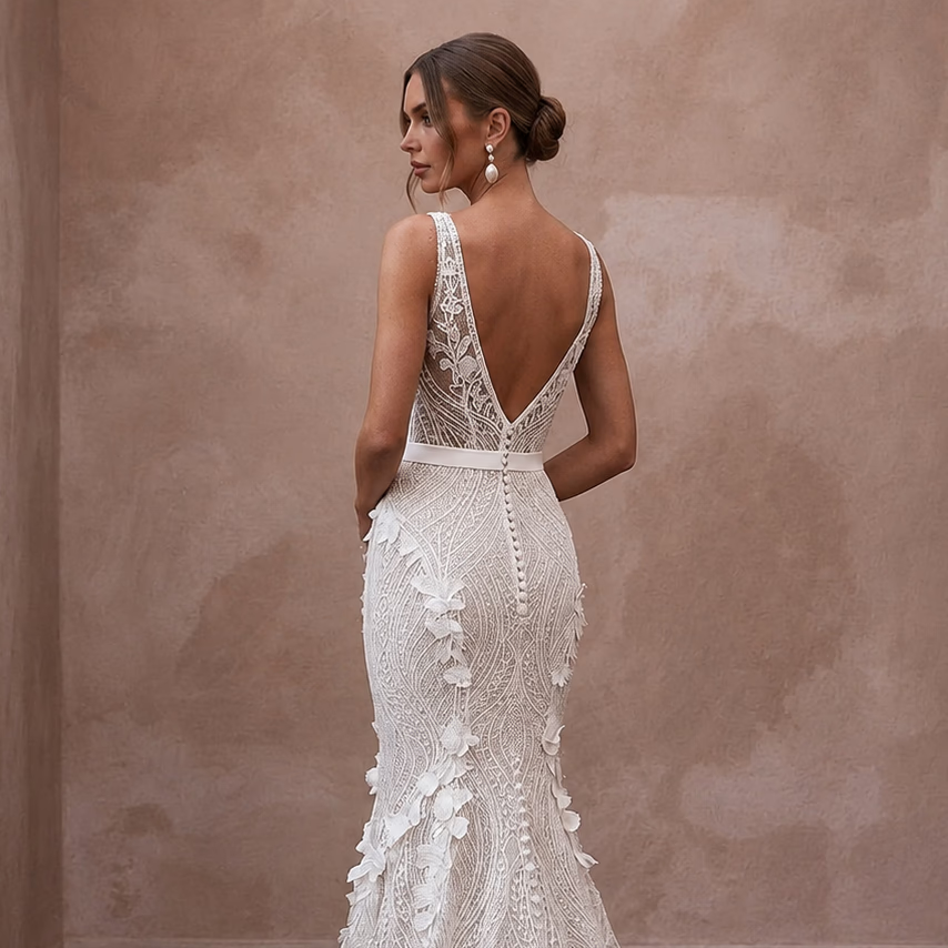 Modern Lace Trumpet Wedding Dress with V - Neck - Apparel & Accessories > Clothing > Wedding & Bridal Party Dresses > Wedding Dresses - Mignonette Bridal