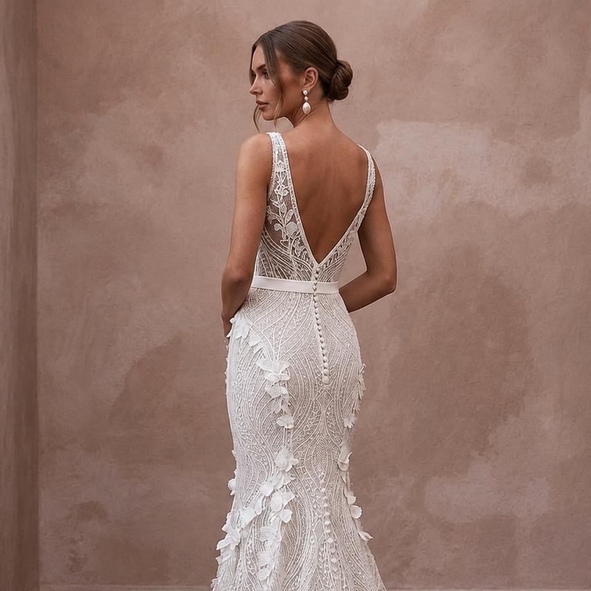 Modern Lace Trumpet Wedding Dress with V - Neck - Apparel & Accessories > Clothing > Wedding & Bridal Party Dresses > Wedding Dresses - Mignonette Bridal