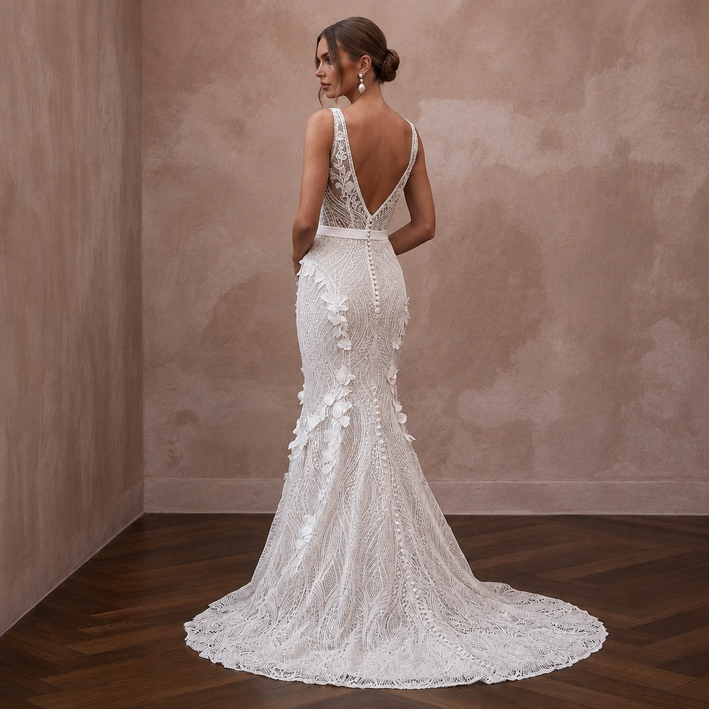 Modern Lace Trumpet Wedding Dress with V - Neck - Apparel & Accessories > Clothing > Wedding & Bridal Party Dresses > Wedding Dresses - Mignonette Bridal
