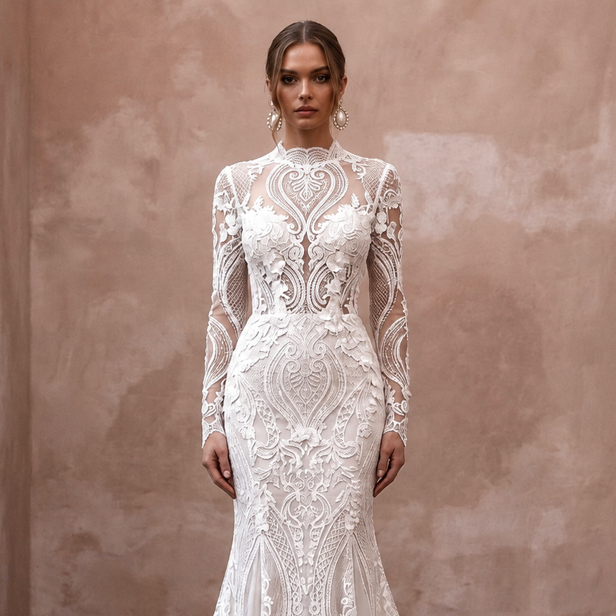 White lace wedding dress with long sleeves and mermaid silhouette