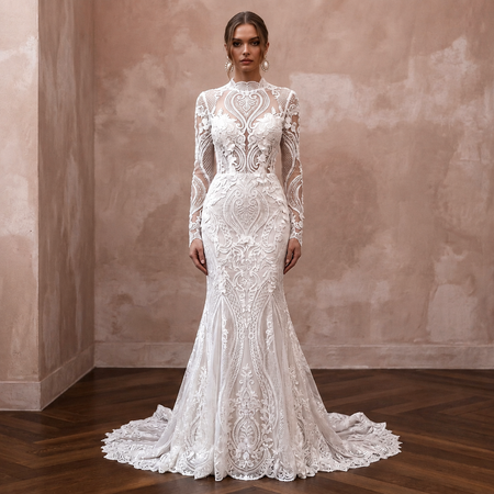 White lace mermaid wedding dress with long sleeves, high neck, and scalloped hem
