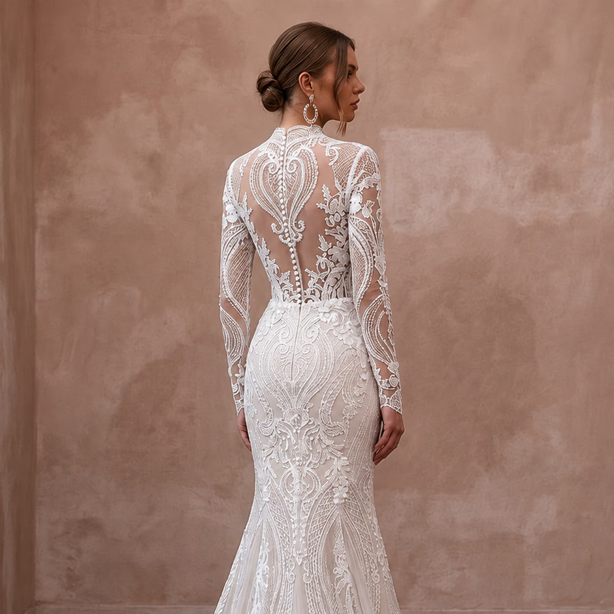White lace mermaid wedding dress with long sheer sleeves and detailed back panel