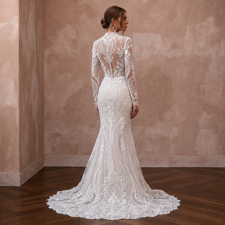 White lace mermaid wedding dress with long sleeves and sheer back