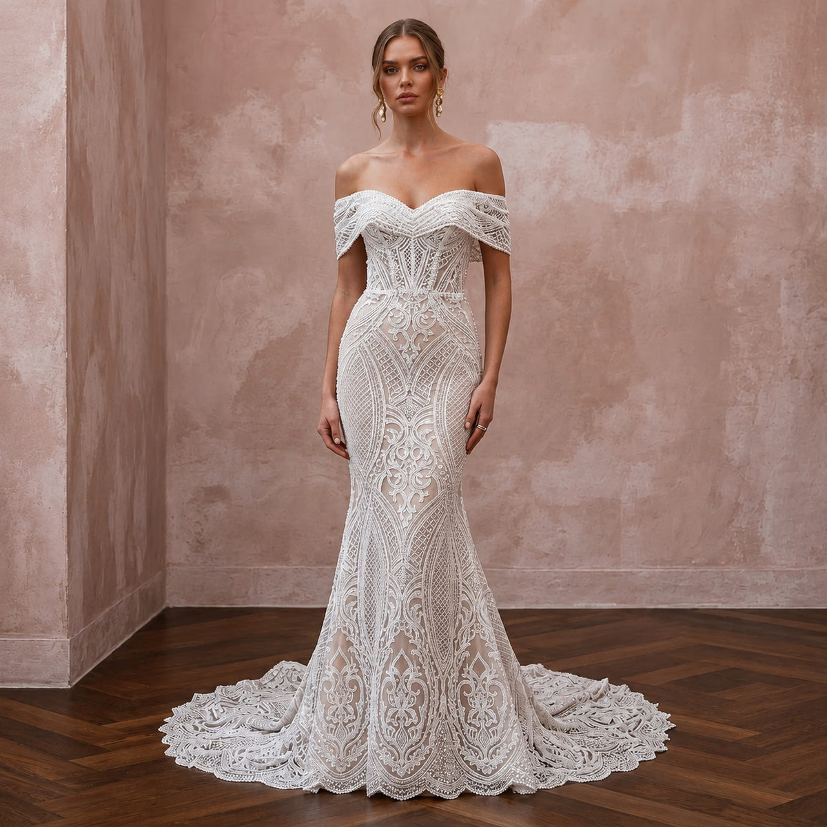 Modern Lace Wedding Dress with Off - the - Shoulder Neckline and Mermaid Silhouette - Apparel & Accessories > Clothing > Wedding & Bridal Party Dresses > Wedding Dresses - Mignonette Bridal Main image