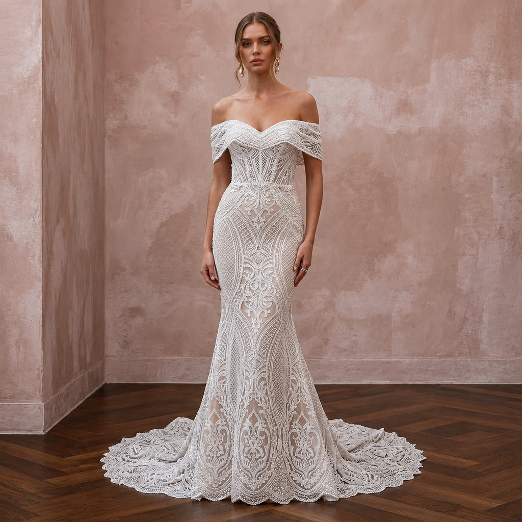 Modern Lace Wedding Dress with Off-the-Shoulder Neckline and Mermaid Silhouette