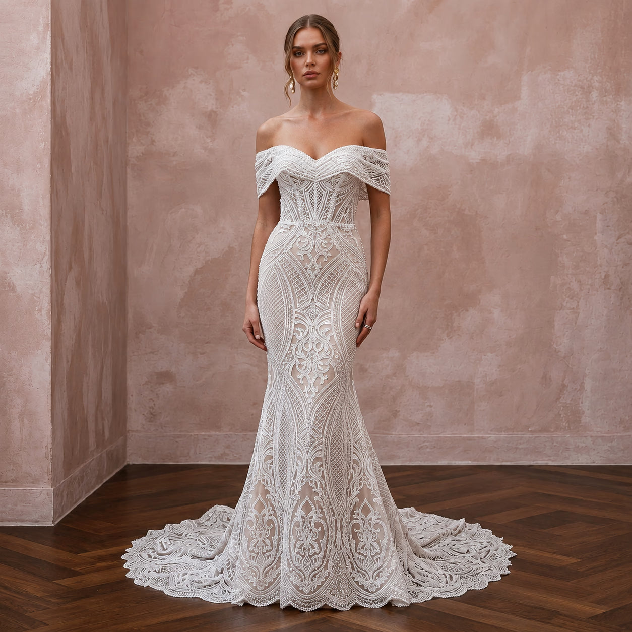 Modern Lace Wedding Dress with Off-the-Shoulder Neckline and Mermaid Silhouette