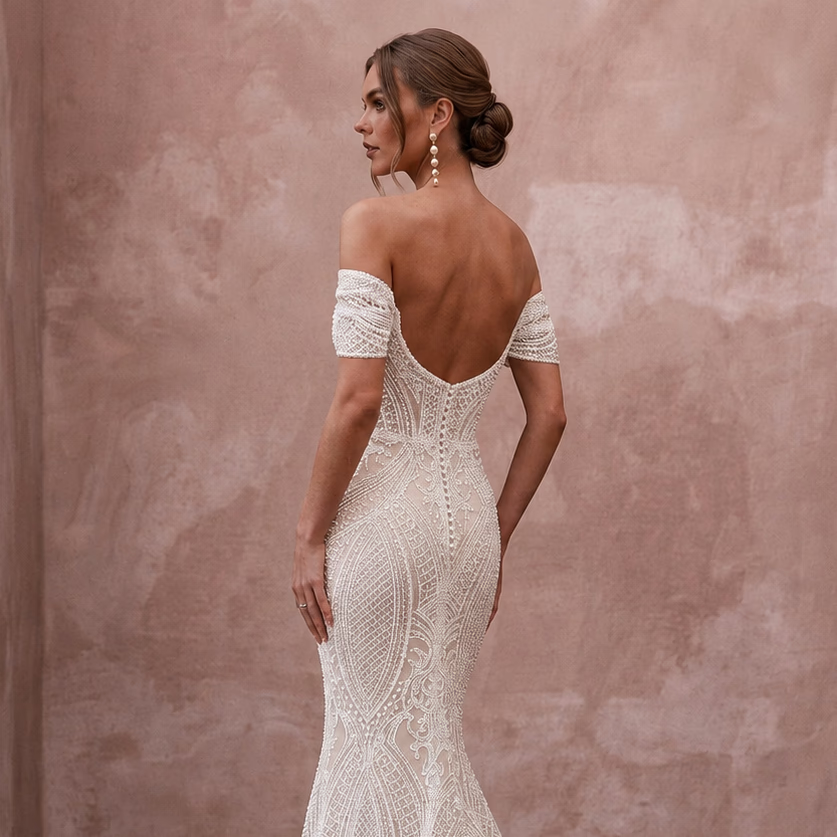 Modern Lace Wedding Dress with Off-the-Shoulder Neckline and Mermaid Silhouette