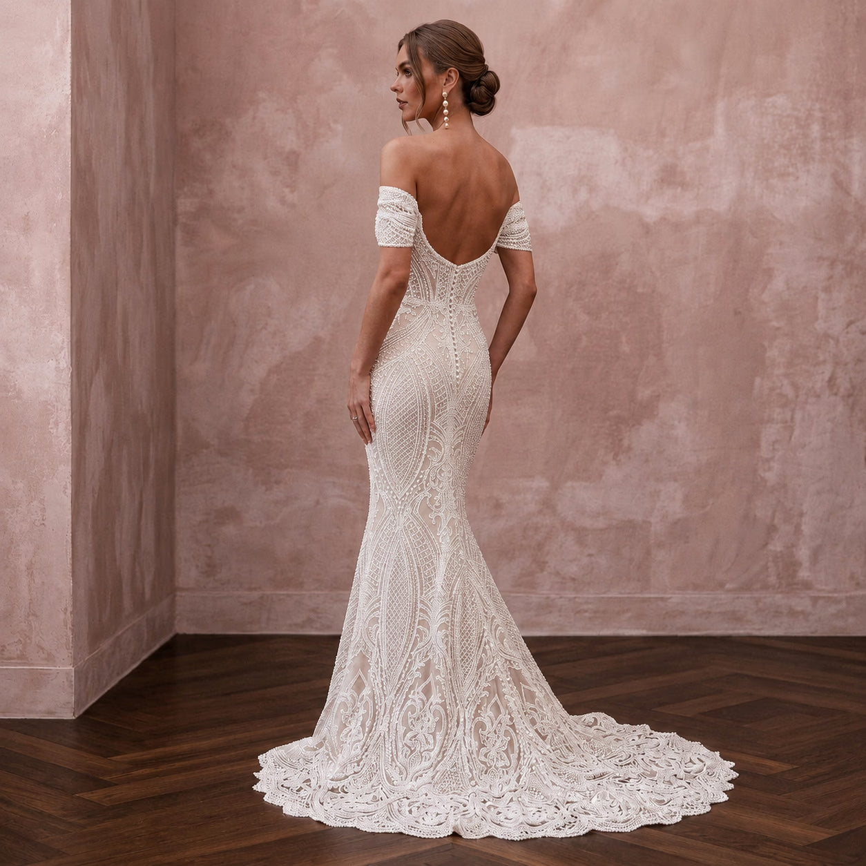 Modern Lace Wedding Dress with Off-the-Shoulder Neckline and Mermaid Silhouette