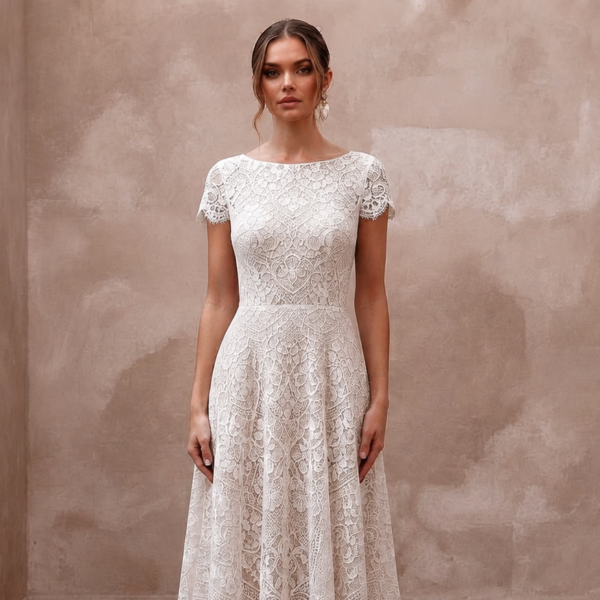 Modern Lace Wedding Dress with Short Sleeves for a Courthouse Wedding