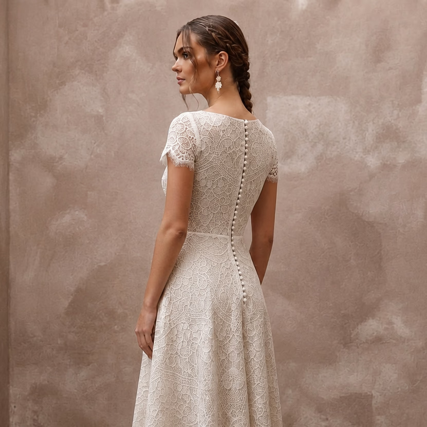 Modern Lace Wedding Dress with Short Sleeves for a Courthouse Wedding