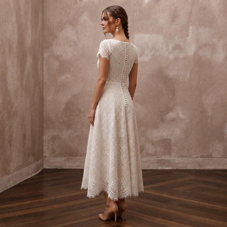 Modern Lace Wedding Dress with Short Sleeves for a Courthouse Wedding