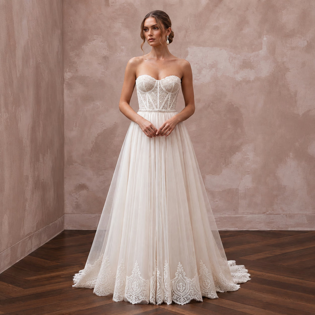 Modern Off - White Lace Corset & Tulle Skirt Bridal Set for Reception - Apparel & Accessories > Clothing > Wedding & Bridal Party Dresses > Wedding Dresses - Mignonette Bridal