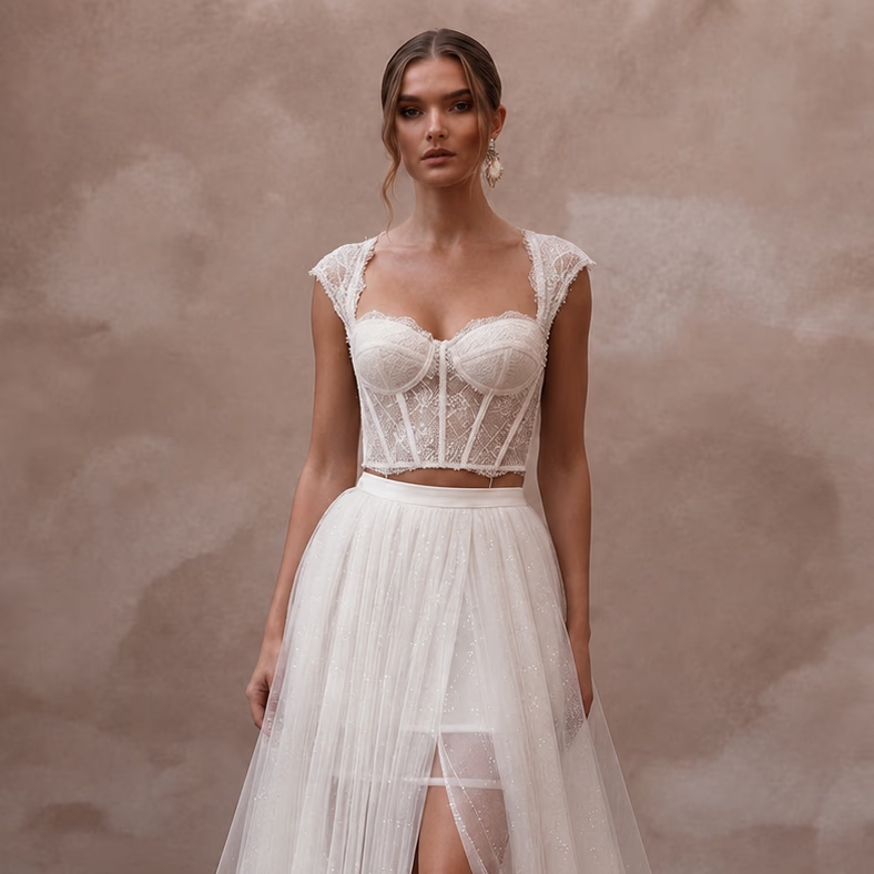 Modern Off - White Lace Corset & Tulle Skirt Set for Reception - Apparel & Accessories > Clothing > Wedding & Bridal Party Dresses > Wedding Dresses - Mignonette Bridal