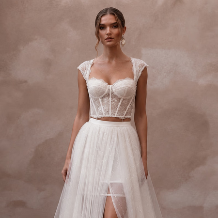 Modern Off - White Lace Corset & Tulle Skirt Set for Reception - Apparel & Accessories > Clothing > Wedding & Bridal Party Dresses > Wedding Dresses - Mignonette Bridal