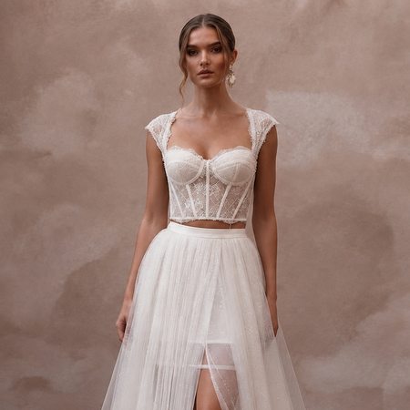 Modern Off-White Lace Corset & Tulle Skirt Set for Reception