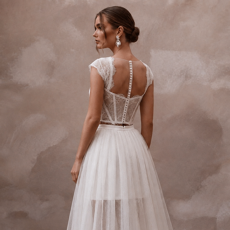 Modern Off-White Lace Corset & Tulle Skirt Set for Reception