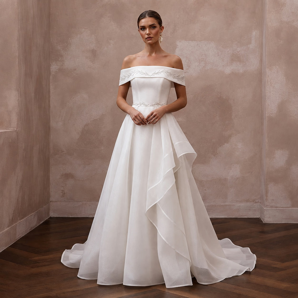 Modern Organza Wedding Dress with Off-the-Shoulder Neckline