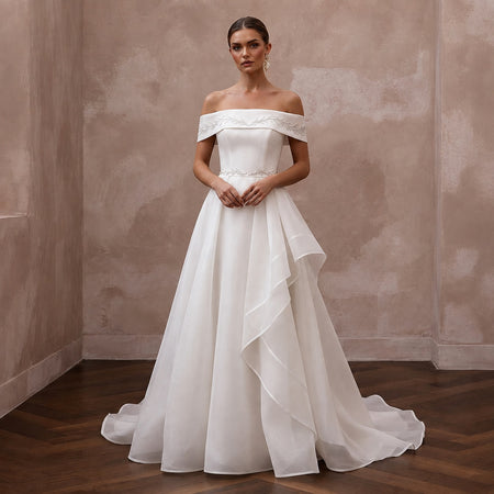 Modern Organza Wedding Dress with Off-the-Shoulder Neckline