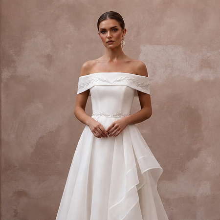 Modern Organza Wedding Dress with Off-the-Shoulder Neckline